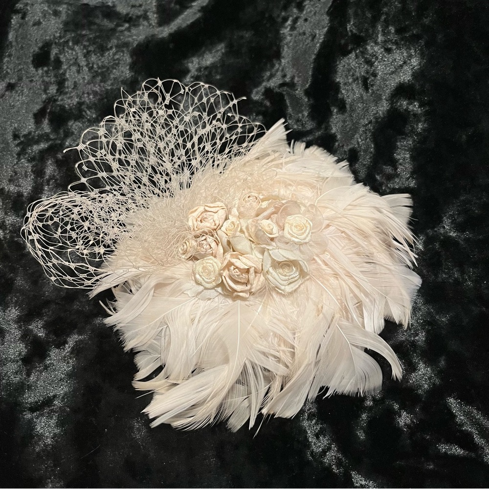 Vintage Flower and Feather Bridal Fascinator with Netting and Hair Comb